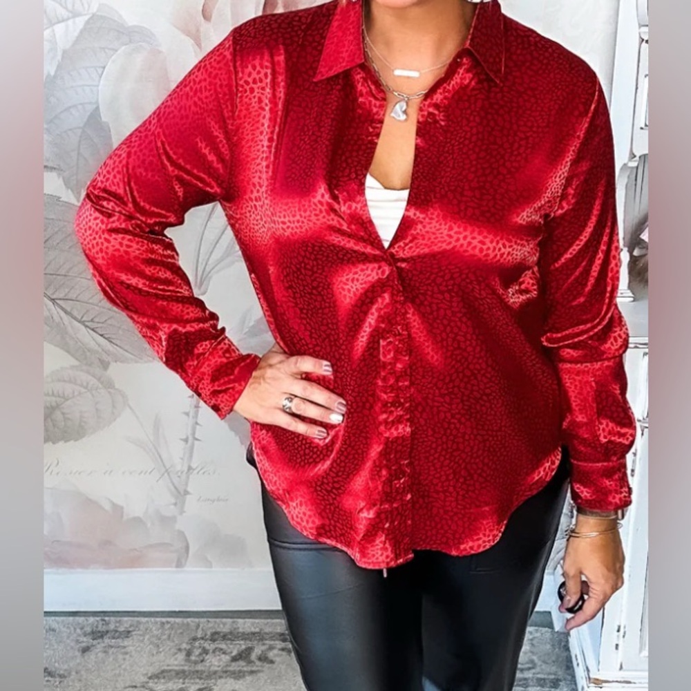 First Love Red Satin Women's button down Top